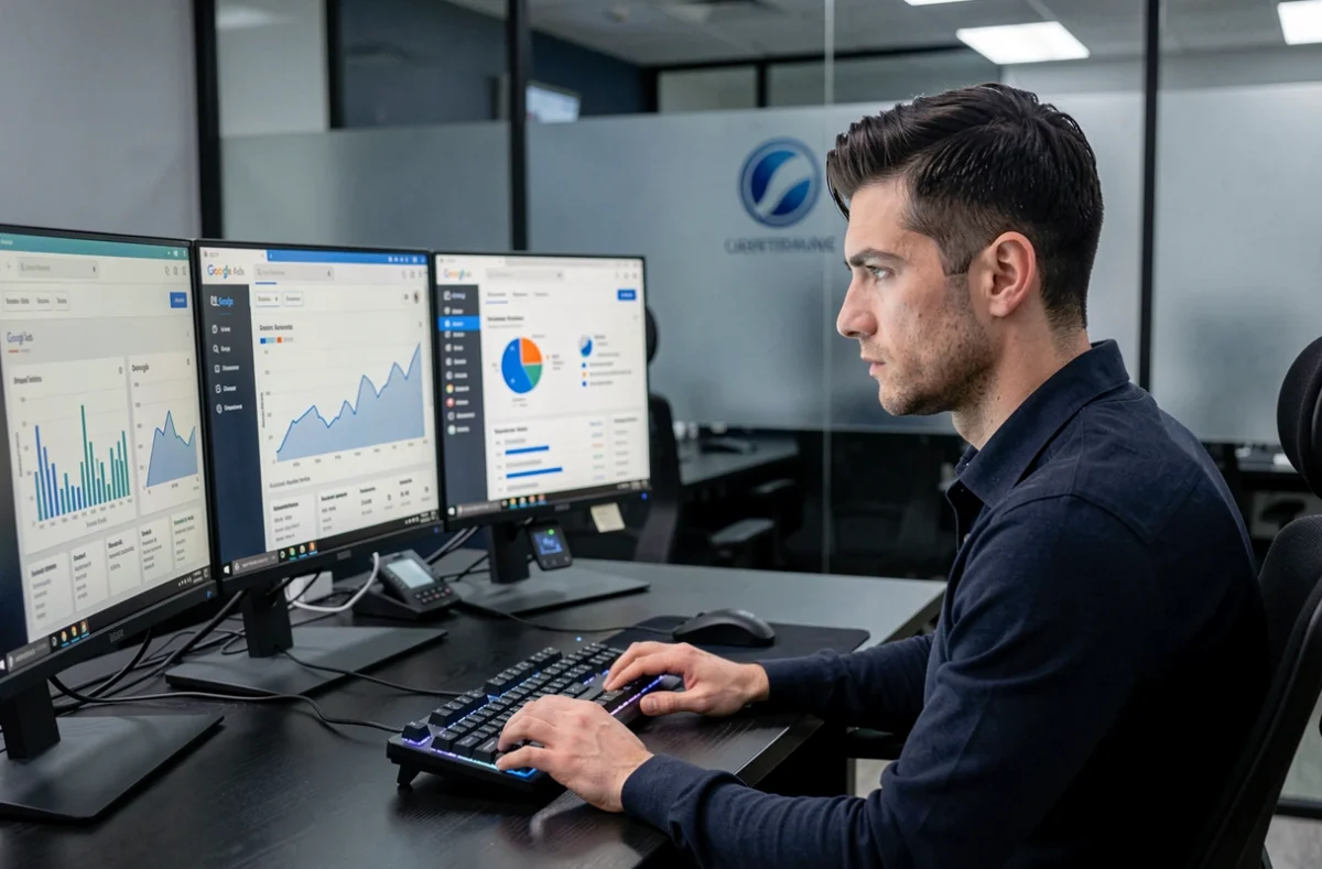 Expert en performance marketing de l'agence Spaag analysant des données d'acquisition sur triple écran