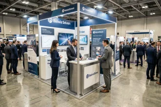 Stand professionnel lors d'un événement d'entreprise en 2026 avec deux exposants accueillant des visiteurs dans un grand hall de conférence