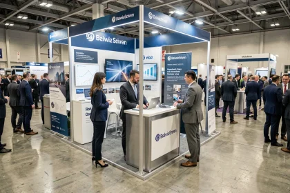 Stand professionnel lors d'un événement d'entreprise en 2026 avec deux exposants accueillant des visiteurs dans un grand hall de conférence