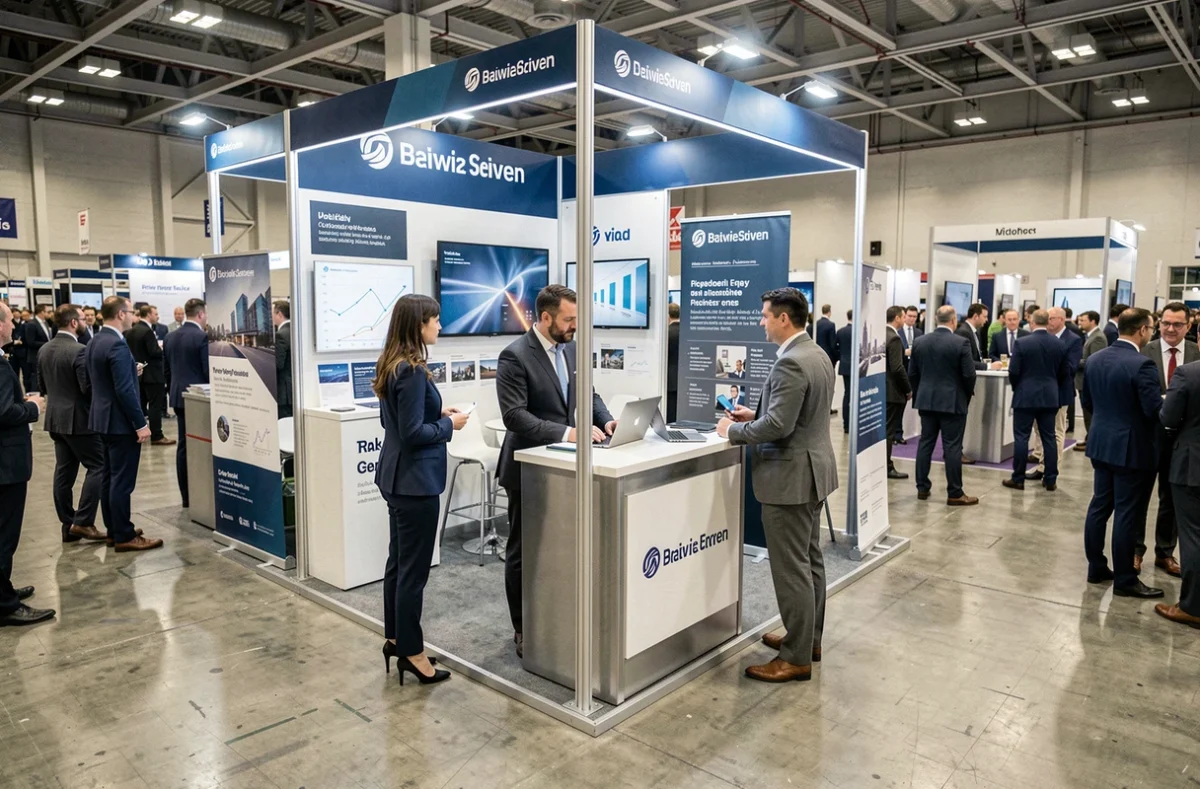 Stand professionnel lors d'un événement d'entreprise en 2026 avec deux exposants accueillant des visiteurs dans un grand hall de conférence