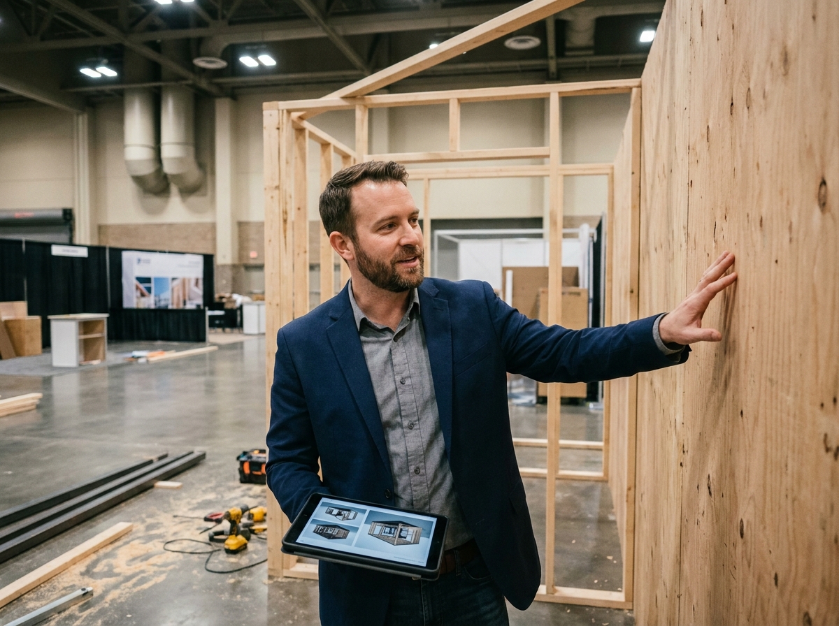 Un standiste explique la structure d'un stand d'exposition sur-mesure en cours de montage dans un hall de salon professionnel