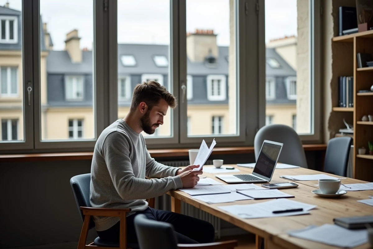 Jeune entrepreneur en technologie travaillant dans un bureau parisien avec vue sur les toits, &eacute;voquant l'univers des startups fran&ccedil;aises en intelligence artificielle