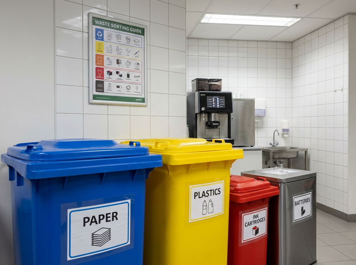 Station de tri des déchets de bureau avec bacs étiquetés pour papier, plastique et cartouches