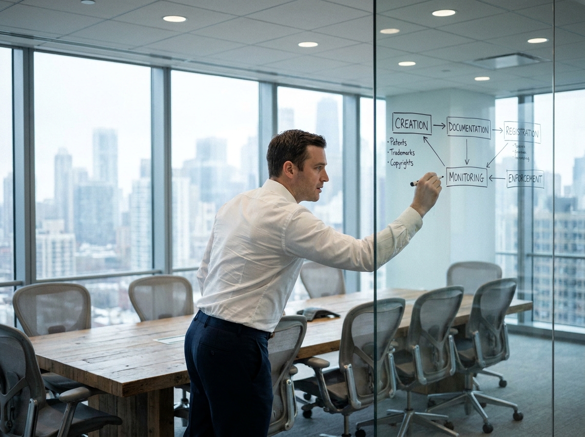 Entrepreneur présentant une stratégie de protection de la propriété intellectuelle sur un tableau blanc en salle de réunion