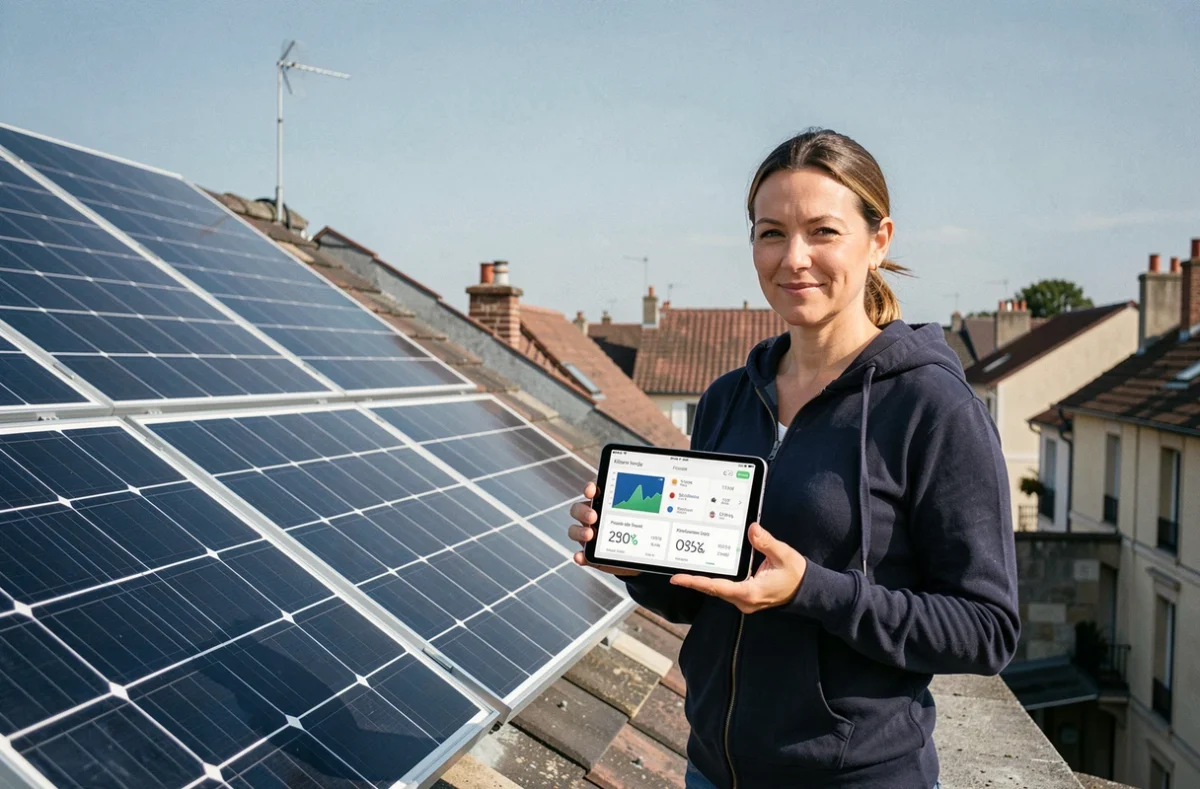 Femme consultant l'application de suivi de production solaire sur une tablette à côté de panneaux photovoltaïques installés sur un toit de maison individuelle