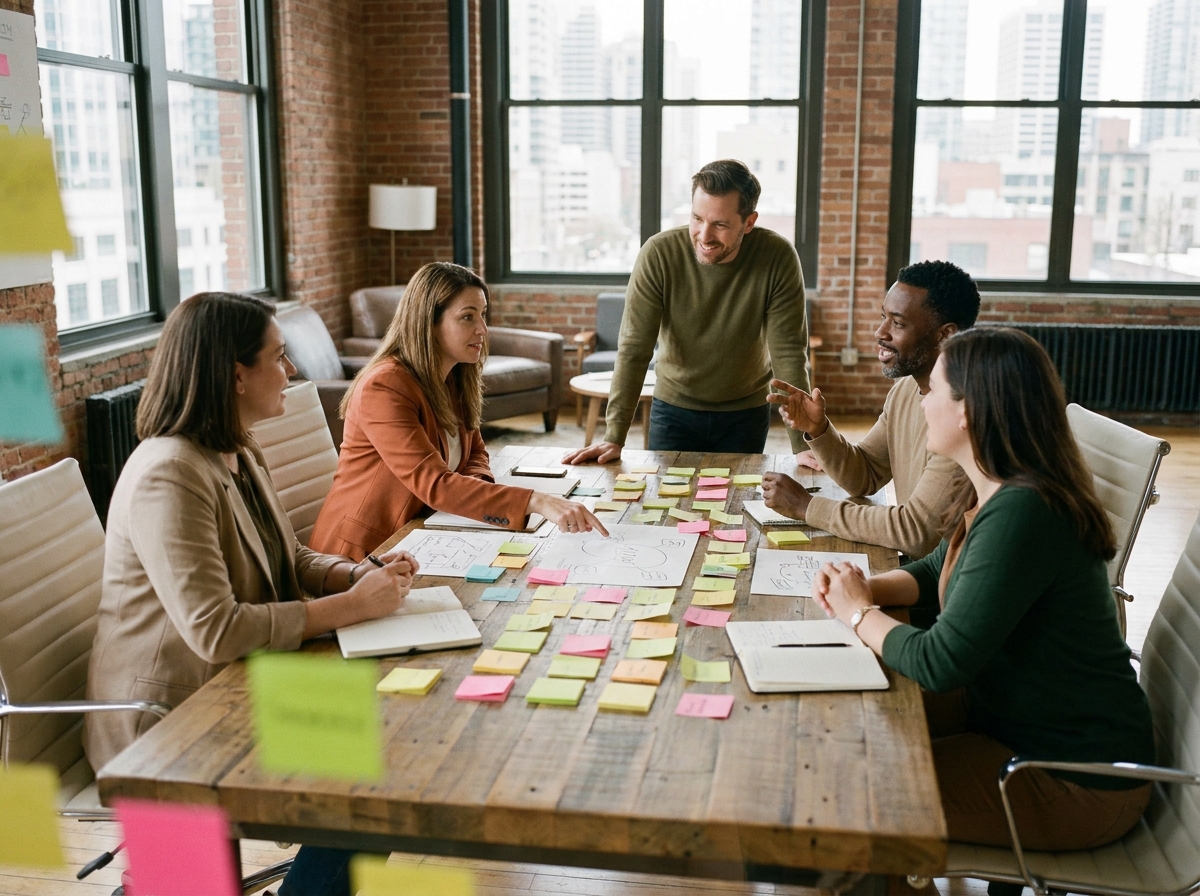 Équipe diverse réunie autour d'une table de brainstorming couverte de post-its colorés dans un bureau moderne