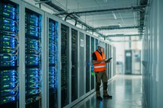 Technicien IT inspectant les serveurs dans un data center moderne à Bordeaux