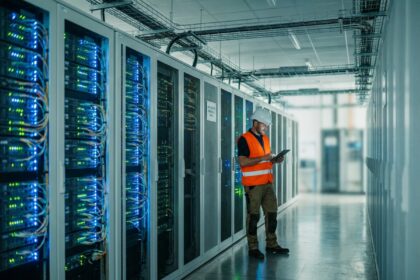 Technicien IT inspectant les serveurs dans un data center moderne à Bordeaux