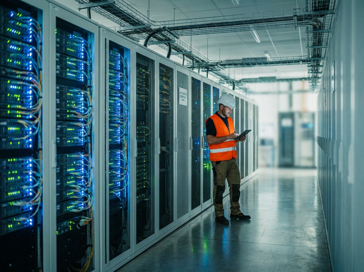 Technicien IT inspectant les serveurs dans un data center moderne à Bordeaux