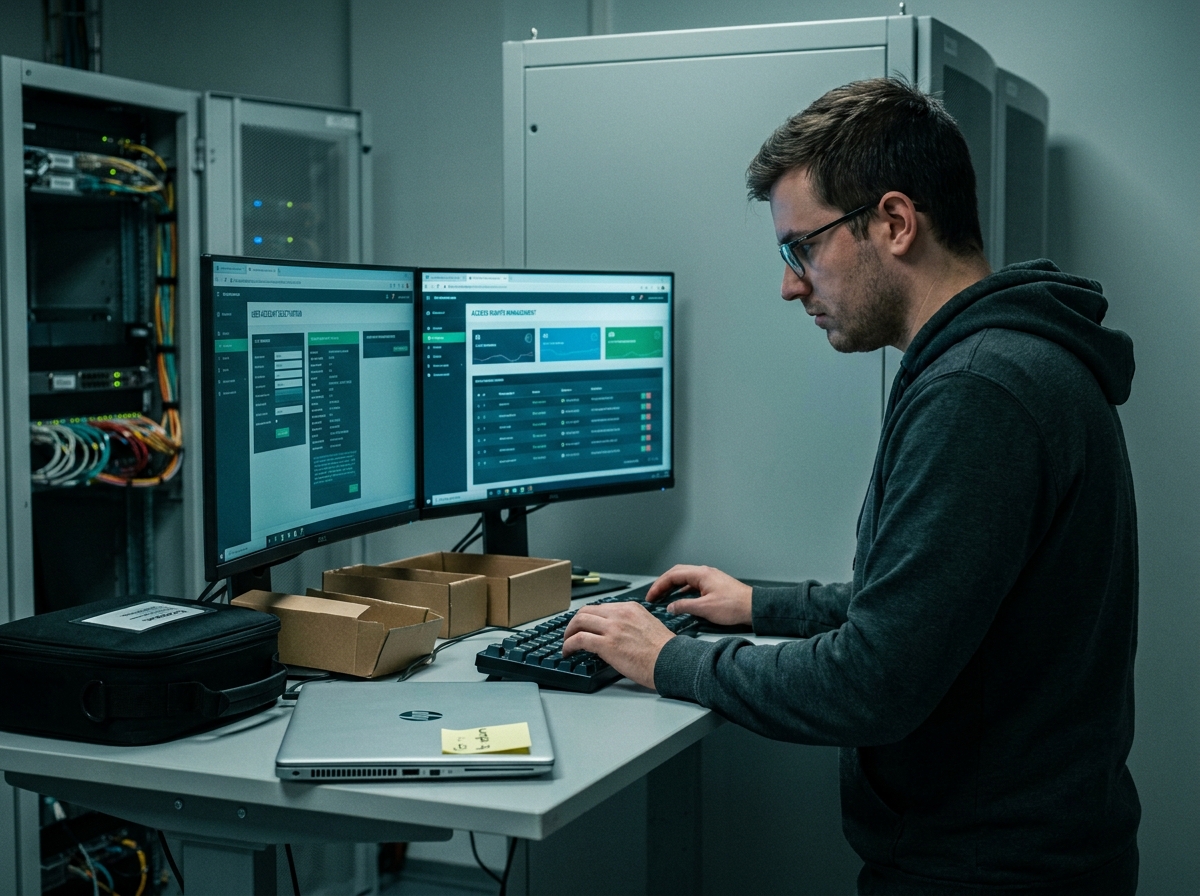 Un technicien informatique gère la désactivation des accès numériques d'un employé lors d'un processus d'offboarding IT
