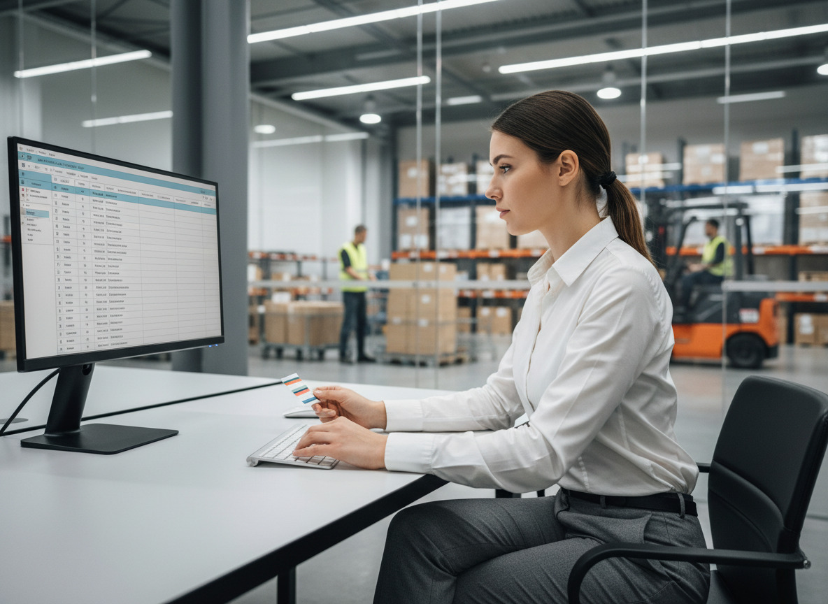 Technicienne logistique mettant à jour inventaire RFID