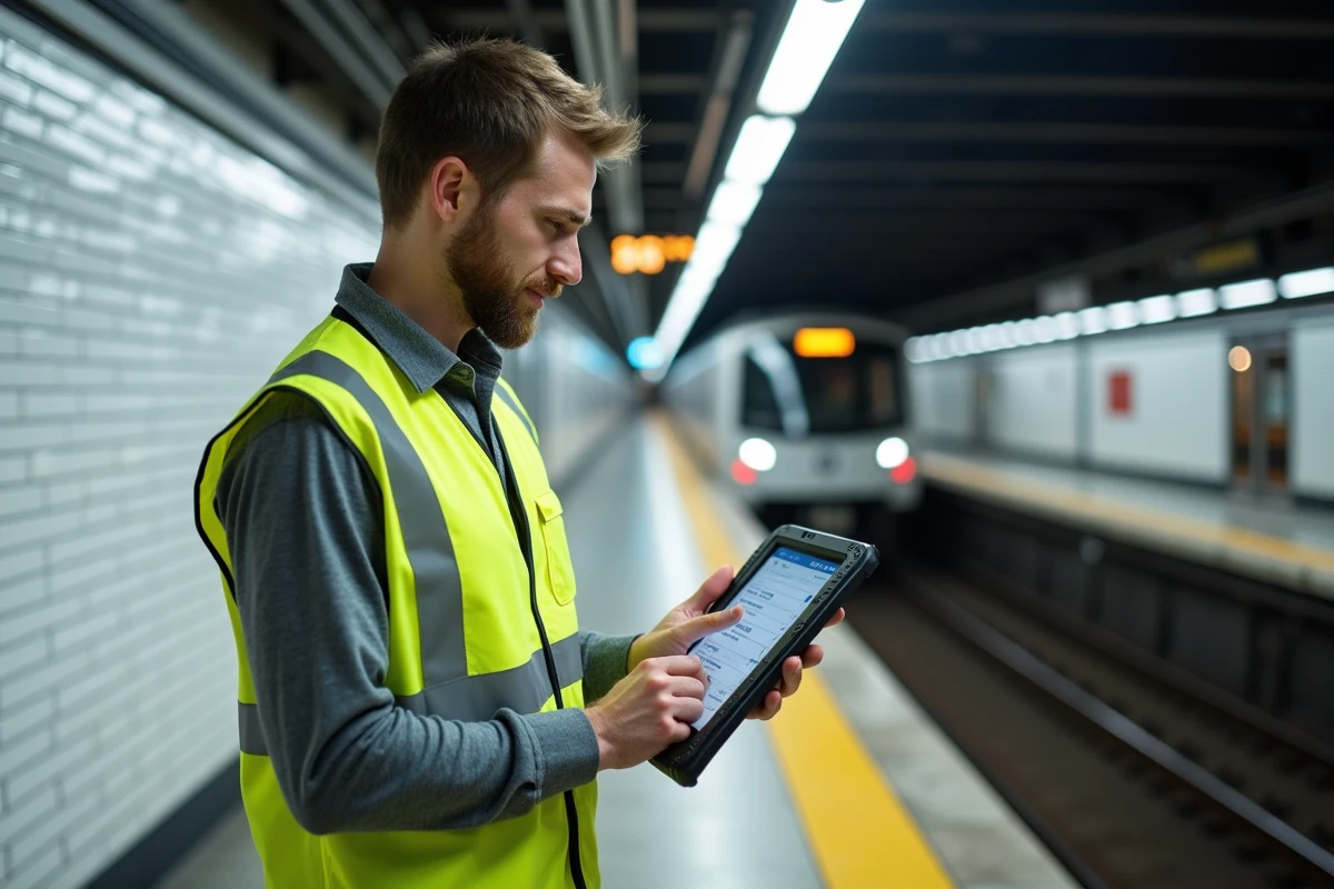 Technicien RATP consultant un portail interne sur tablette sur un quai de métro parisien