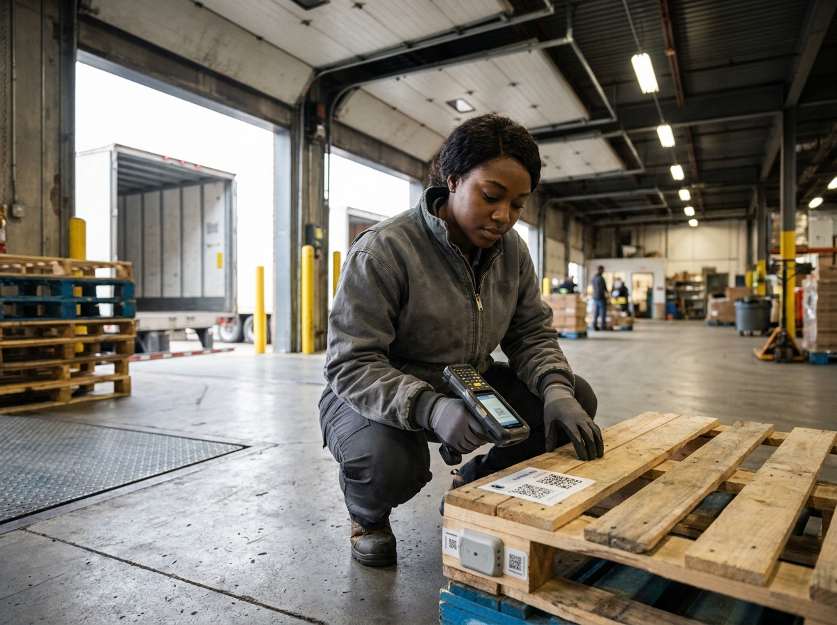 Technicienne scannant des étiquettes RFID sur une palette connectée dans un centre de distribution moderne