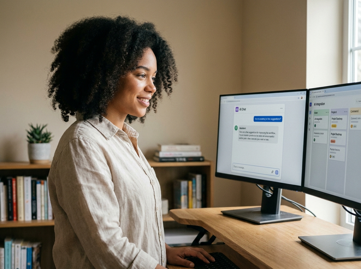 Jeune femme en télétravail utilisant un assistant IA sur double écran dans un bureau à domicile moderne