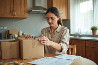 Femme adulte effectuant du travail d'emballage à domicile sur une table de cuisine en bois, entourée de boîtes en carton et de matériaux d'emballage