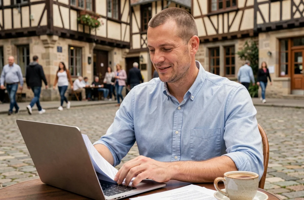 Travailleur indépendant en portage salarial utilisant un ordinateur portable en terrasse à Rennes