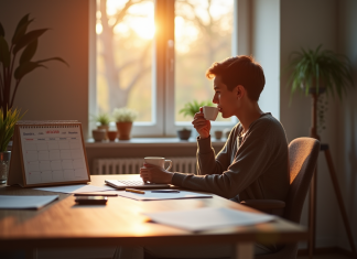 Employé suisse détendu à la maison avec café et calendrier