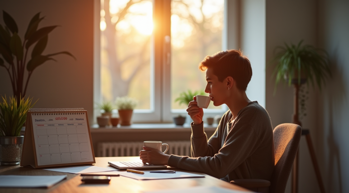 Employé suisse détendu à la maison avec café et calendrier