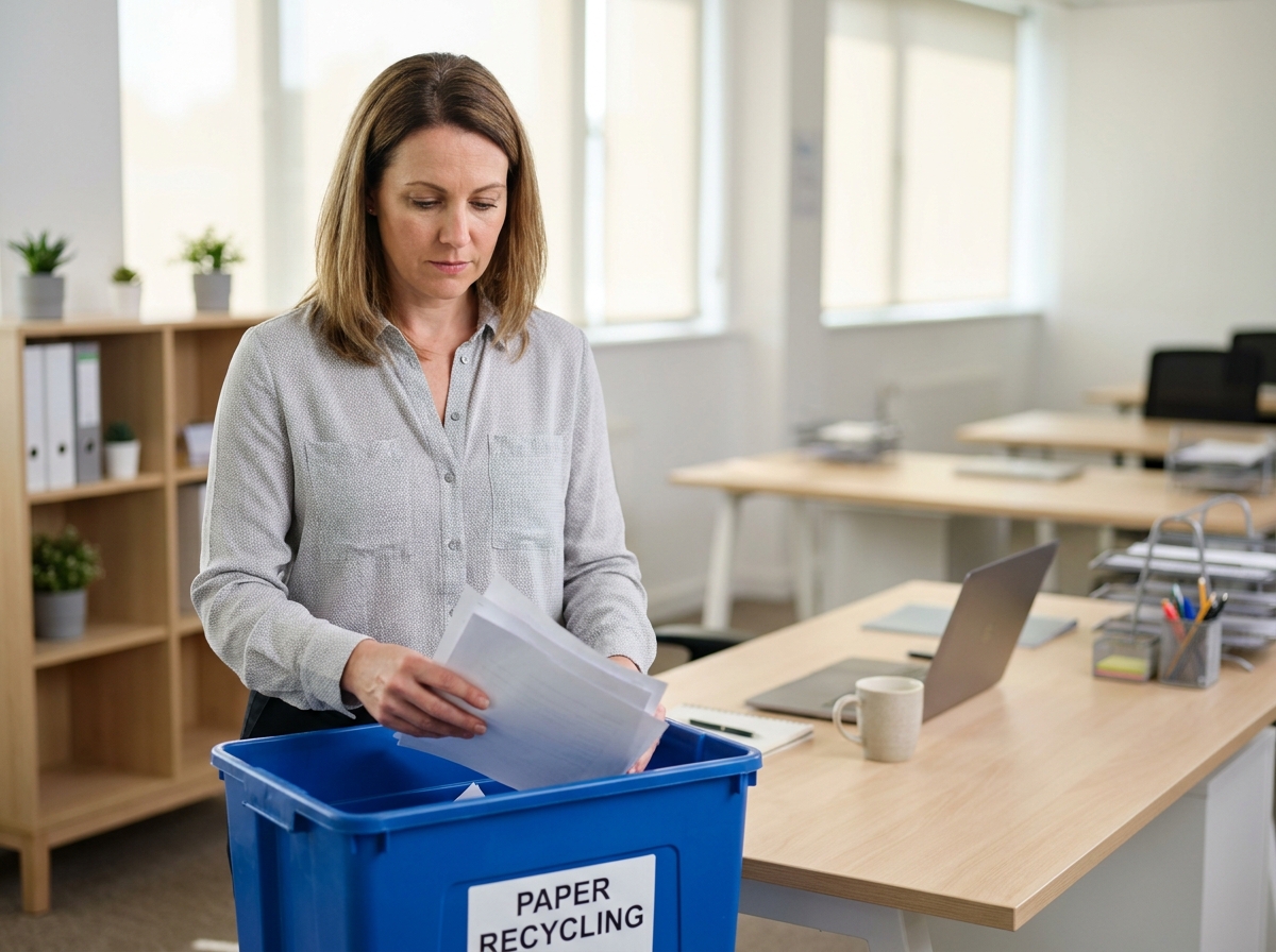 Femme triant des papiers dans un bac de recyclage de bureau bien organisé
