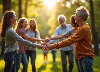 Groupe divers de personnes unies dans un parc