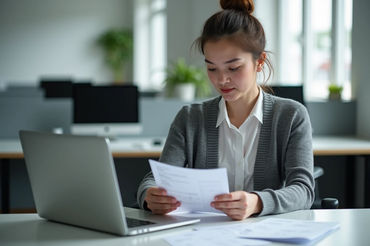 Employée de l'éducation nationale vérifiant ses bulletins de paie imprimés récupérés depuis Ensap au bureau