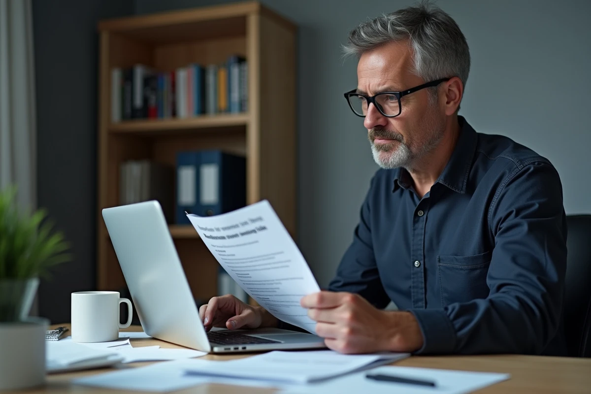 Homme consultant une offre d'emploi Pôle emploi sur papier et ordinateur portable dans un bureau à domicile