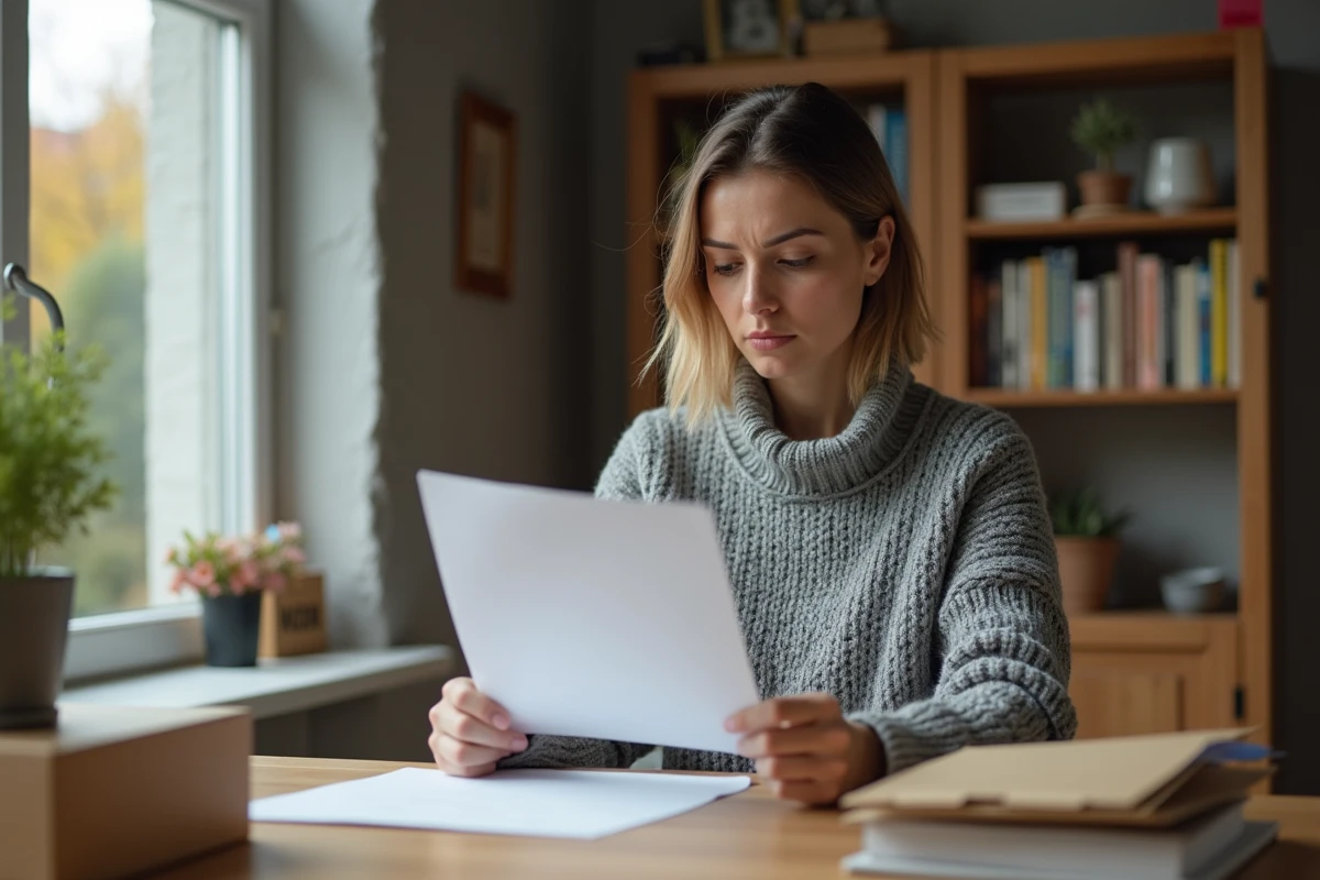 Femme à domicile vérifiant une offre de travail d'emballage à domicile avec des documents imprimés et des boîtes sur un bureau en bois