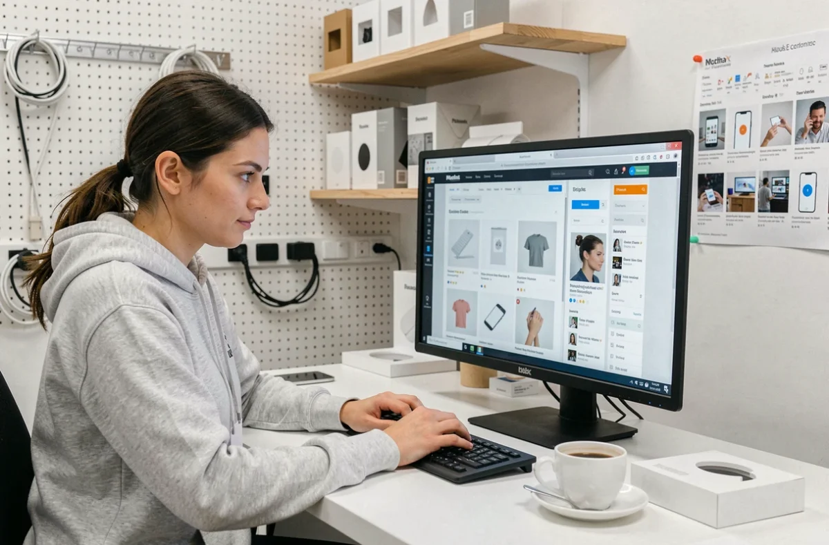 Designer produit de webtribestudio concevant une interface e-commerce sur grand écran dans un studio épuré